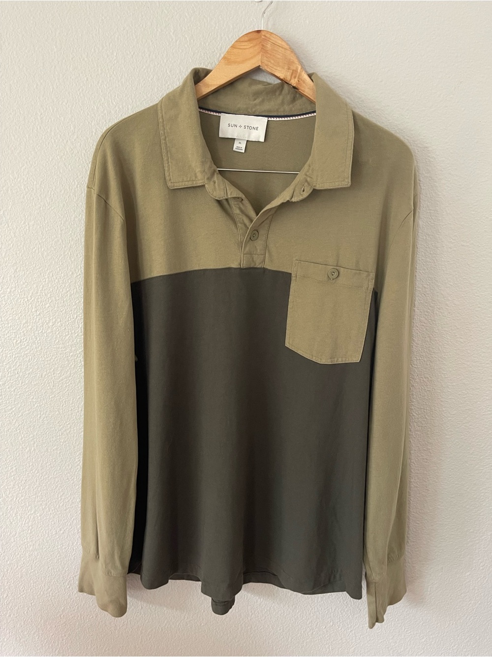 Sun + Stone Utility Long-Sleeve Polo Shirt Olive Green Colorblock Size XL